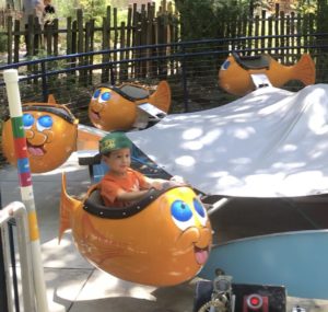 Shows a child on an amusement park ride